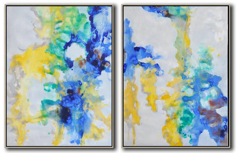Handmade Large Contemporary Art,Set Of 2 Abstract Oil Painting On Canvas,Large Canvas Wall Art For Sale,Grey,Yellow,Green,Blue.etc